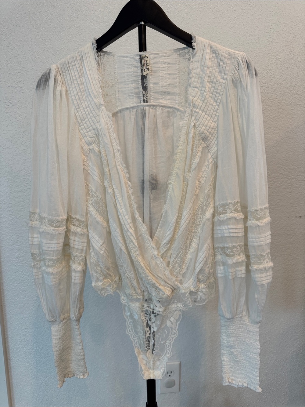 Free People Ivory Lace-Trim Wrap Blouse